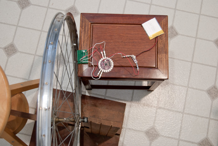 wheel and breadboarded circuit, above