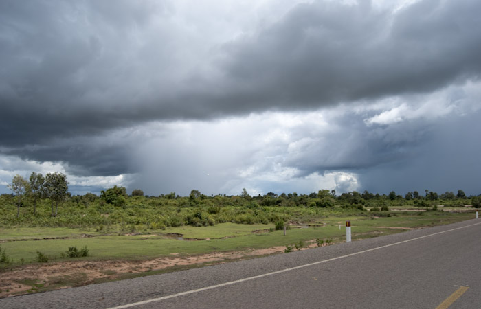 rainstorms over sunny fields and forest