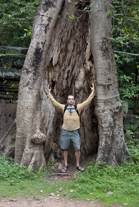 Micah in split tree trunk